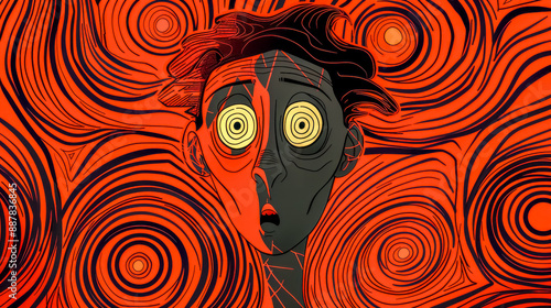 Man experiencing vertigo dizziness and anxiety with swirling red background