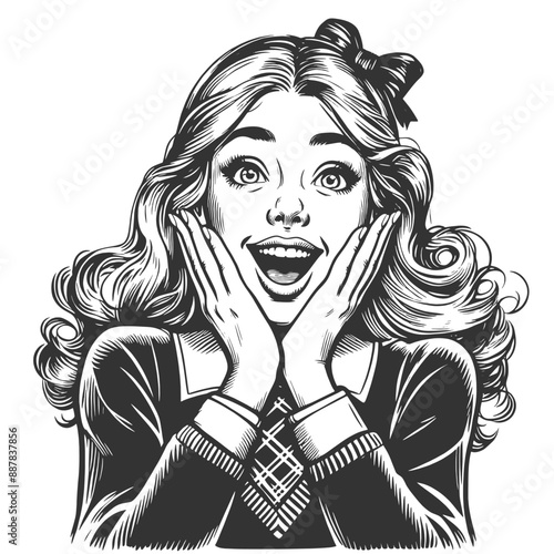 excited woman with hands on her face, evoking a retro and joyful feel sketch engraving generative ai fictional character vector illustration. Scratch board imitation. Black and white image.