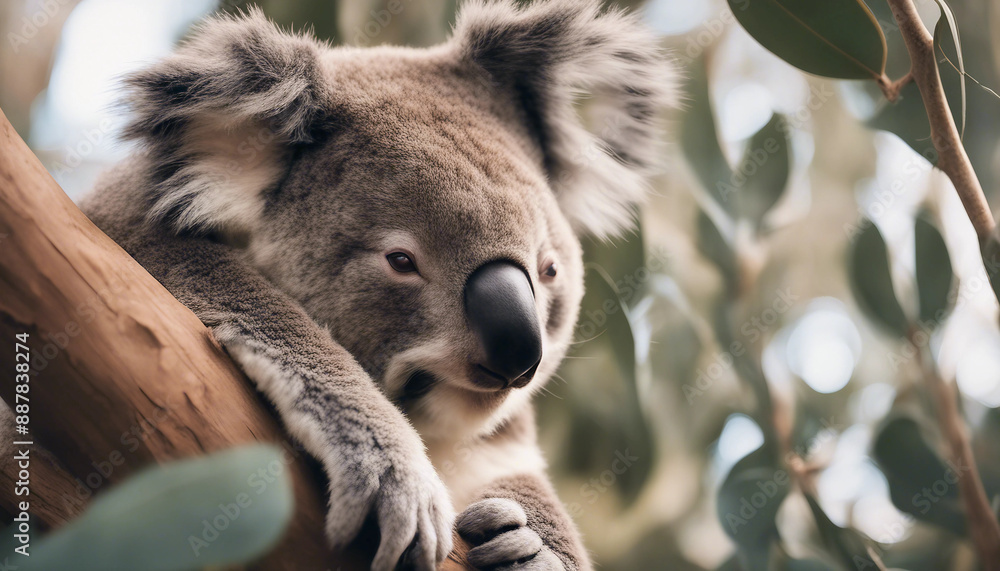 Obraz premium koala sleeping in a eucalyptus tree, warm afternoon 