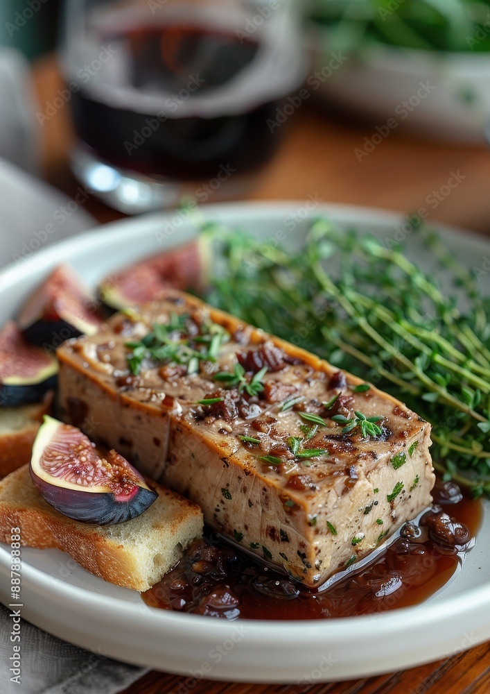 Foie Gras A slice of Foie Gras terrine served with toasted brioche and a fig chutney. Displayed on a white plate. Foie Gras A slice of Foie Gras terrine served with toasted brioche and a fig chutney. Displayed on a white plate.