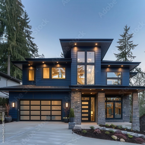 contemporary luxury home exterior with blue siding and natural stone accents featuring spacious twocar garage and clean architectural lines photo