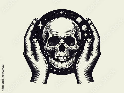 Skull in hands. Night starry sky.  Isoteric, occult, magical vector illustration. vintage black engraving, emblem, logo. tattoo sketch, print	