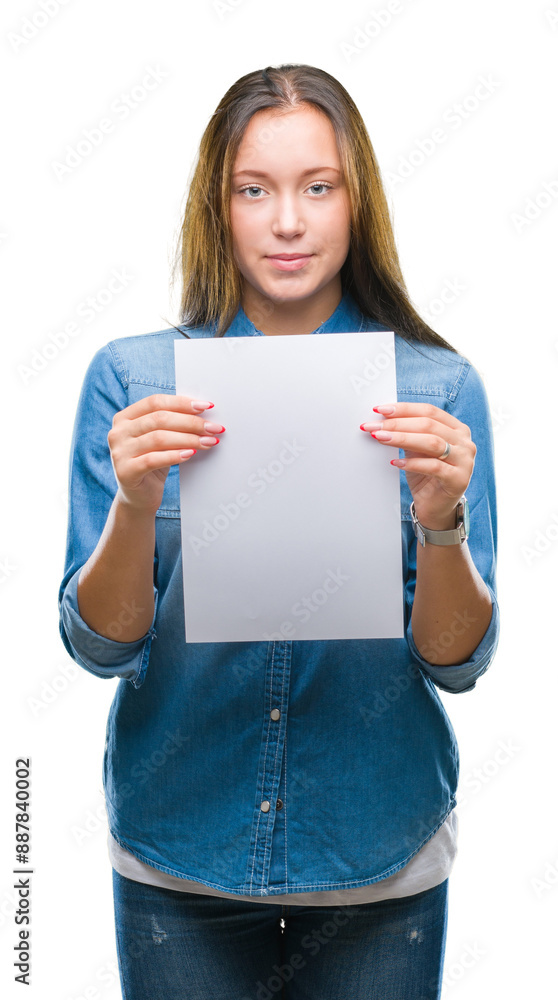 Young caucasian woman holding blank paper sheet over isolated background with a confident expression on smart face thinking serious Young caucasian woman holding blank paper sheet over isolated background with a confident expression on smart face thinking serious