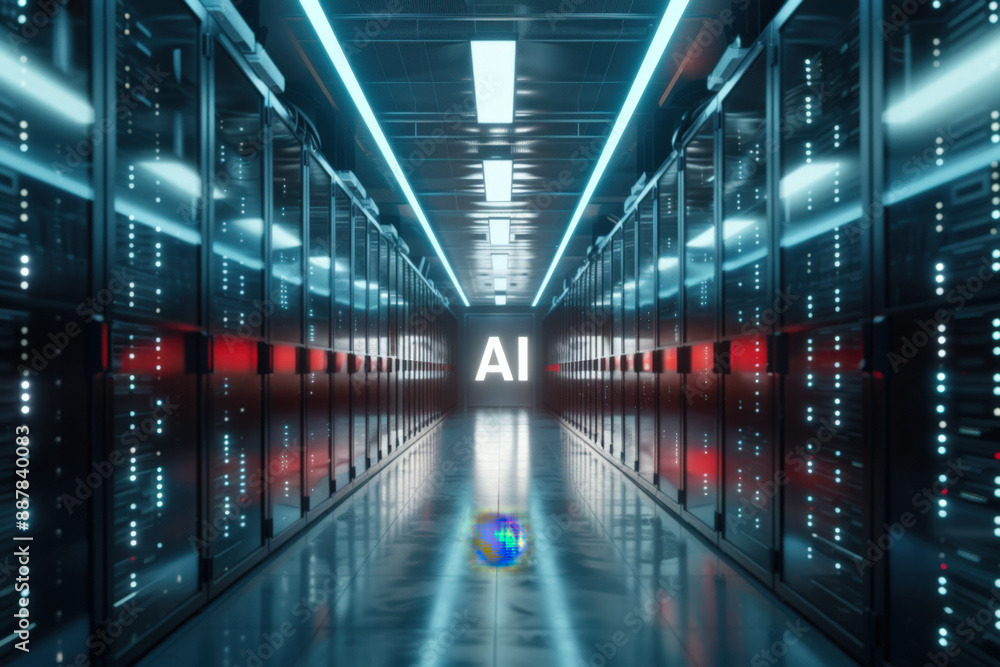 Server room hosting powerful computers is glowing in blue and red light with the ai logo at the end of the corridor Server room hosting powerful computers is glowing in blue and red light with the ai logo at the end of the corridor