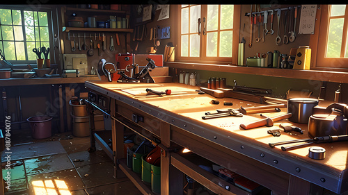 Wallpaper Mural A sturdy workbench in a workshop, cluttered with tools, wood shavings, and a half-finished project, highlighting the craftsmanship Torontodigital.ca