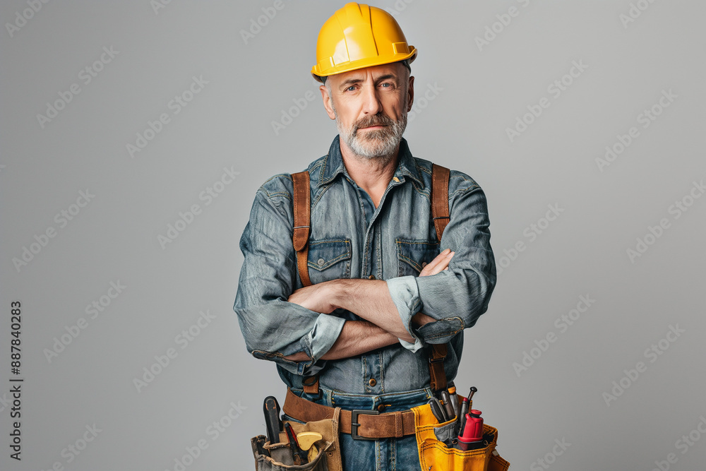Stylish middle-aged man in hard hat and tool belt, arms crossed against gray background with space for copy. Confident worker or carpenter posing Stylish middle-aged man in hard hat and tool belt, arms crossed against gray background with space for copy. Confident worker or carpenter posing