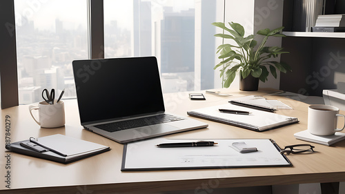 Wallpaper Mural A sleek, minimalist office desk with a laptop, a cup of coffee, and some neatly arranged stationery, set against a contemporary office backdrop Torontodigital.ca