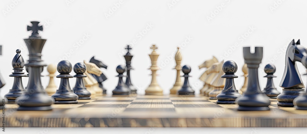 Chess pieces on a wooden chessboard with a black checkmate set against a white background in a closeup copy space image Chess pieces on a wooden chessboard with a black checkmate set against a white background in a closeup copy space image