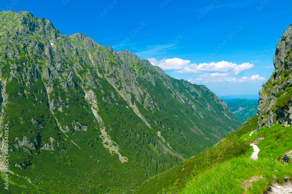 View of the mountain valley. Path in the mountains. Roztoka Valley. View of the mountain valley. Path in the mountains. Roztoka Valley.