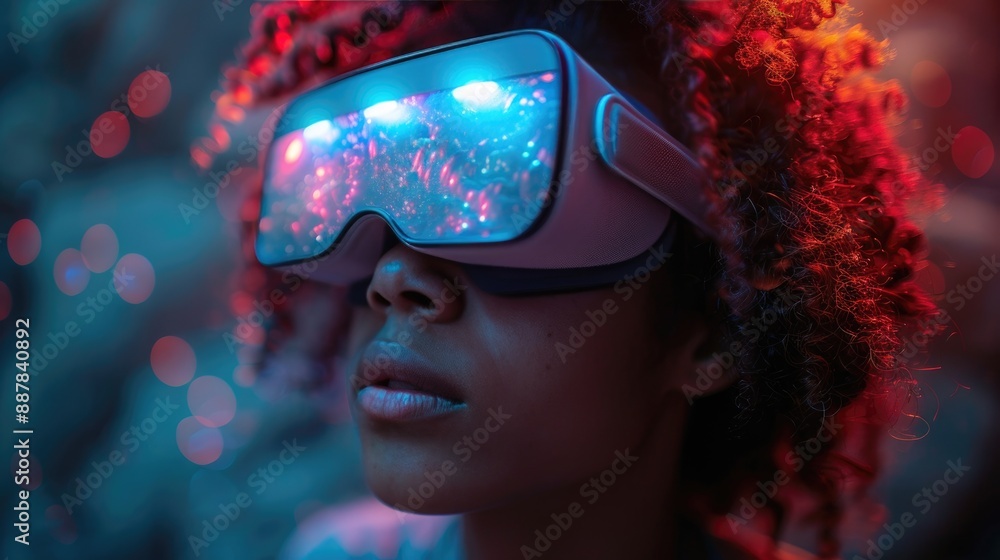 A person immersed in a virtual reality experience wearing futuristic VR glasses with colorful lights, showcasing cutting-edge technology. A person immersed in a virtual reality experience wearing futuristic VR glasses with colorful lights, showcasing cutting-edge technology.
