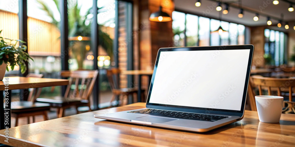 Minimalistic workspace with a laptop with a blank screen and a cup of coffee on a wooden desk on a bright background Minimalistic workspace with a laptop with a blank screen and a cup of coffee on a wooden desk on a bright background