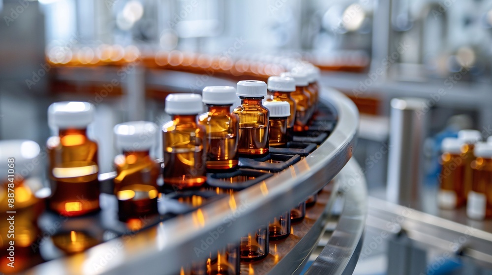 vaccine bottles on conveyor belt in factory. Pharmaceutical industry. vaccine bottles on conveyor belt in factory. Pharmaceutical industry.