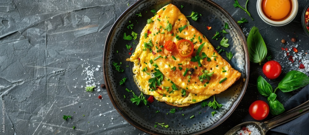 Plate with an omelette on a table with generous copy space image Plate with an omelette on a table with generous copy space image