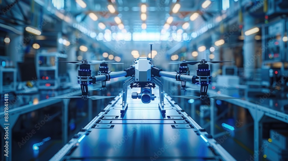 Close-up of a drone on a production line in a high-tech manufacturing facility. The background features industrial lighting and equipment. Close-up of a drone on a production line in a high-tech manufacturing facility. The background features industrial lighting and equipment.