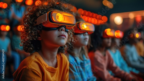 Children immersed in virtual reality, experiencing VR technology in a classroom setting. Bright lights and futuristic atmosphere.