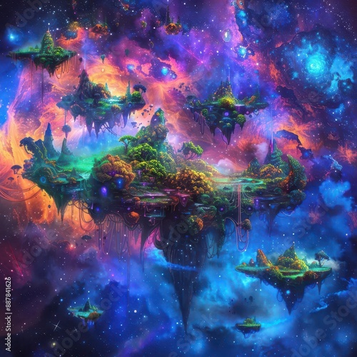 cosmic dreamscape with floating islands bioluminescent flora and ethereal creatures drifting through a technicolor nebula backdrop