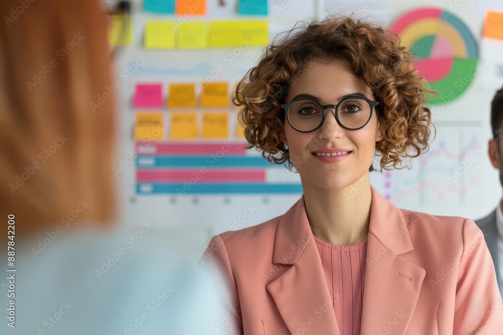 A diverse group of employees collaborating on a creative project, with colorful post-it notes and charts on the wall behind them A diverse group of employees collaborating on a creative project, with colorful post-it notes and charts on the wall behind them