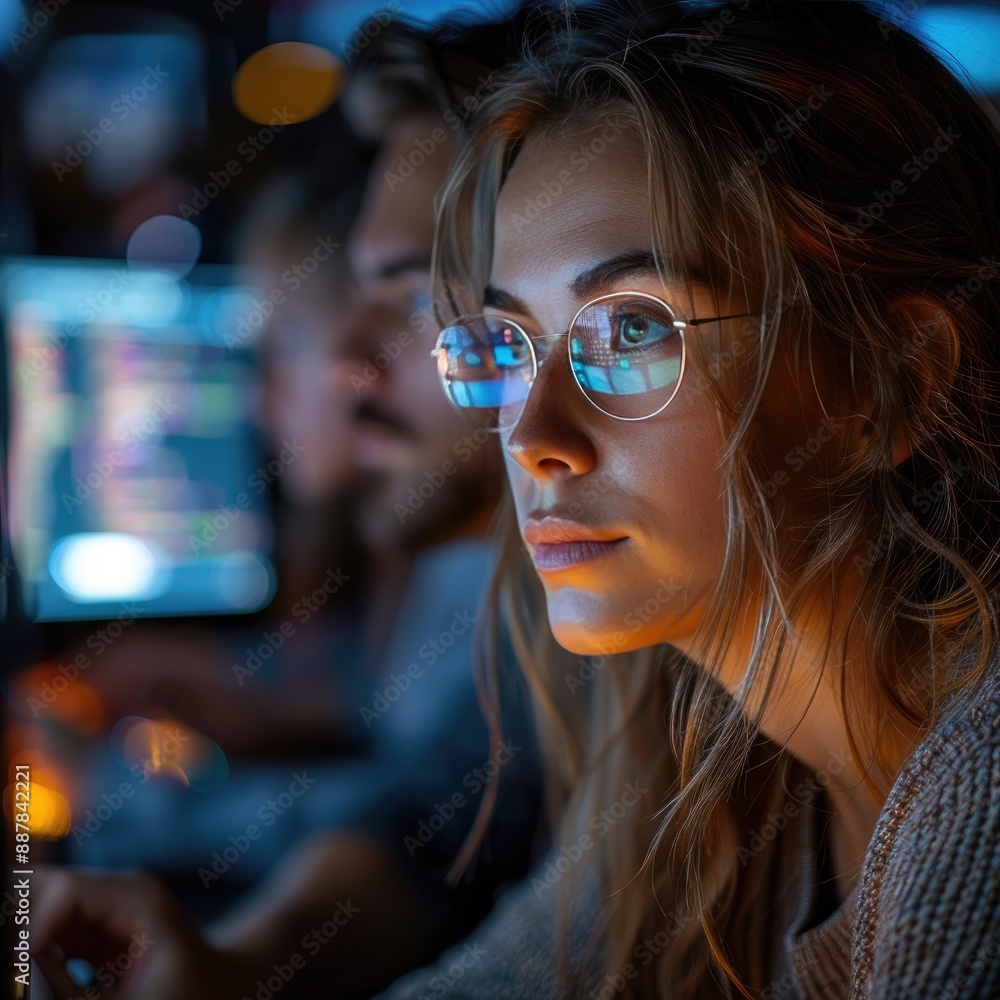 Focused woman with glasses working late on computer in office, coding with colleagues in background. Focused woman with glasses working late on computer in office, coding with colleagues in background.