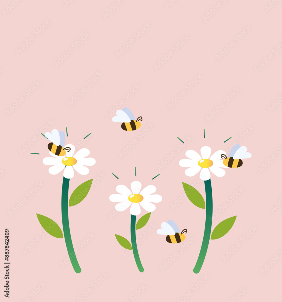 Illustration of Bees Pollinating White Flowers on a Pink Background - Spring and Summer Nature Scene Illustration of Bees Pollinating White Flowers on a Pink Background - Spring and Summer Nature Scene