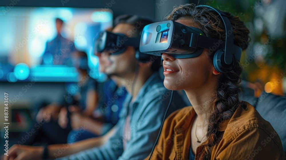 Group wearing VR headsets, experiencing virtual reality together in a modern living room, immersed in a digital world, enjoying technology. Group wearing VR headsets, experiencing virtual reality together in a modern living room, immersed in a digital world, enjoying technology.