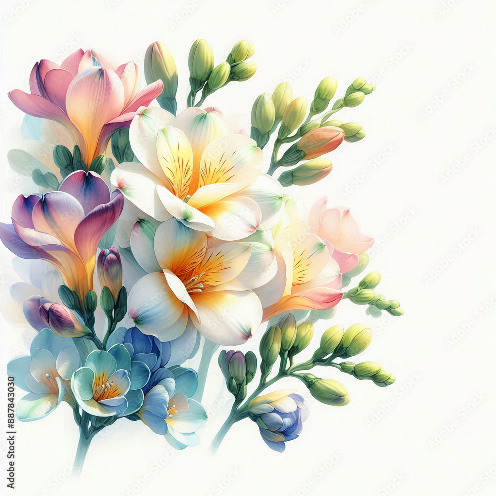 Obraz premium 흰 배경, 프리지아, 수채화 (white background, freesia, water colour)