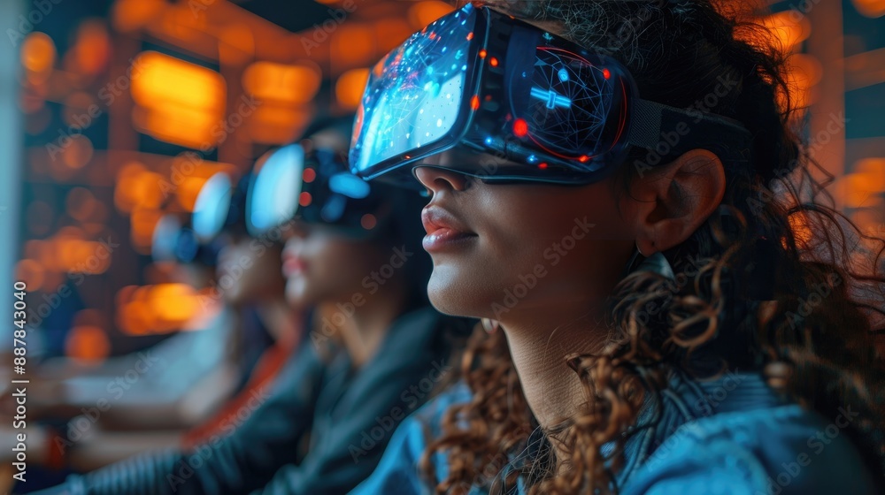Group of young adults immersed in virtual reality headsets, exploring a digital world with focused expressions, vibrant background. Group of young adults immersed in virtual reality headsets, exploring a digital world with focused expressions, vibrant background.