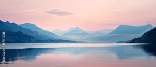 Tranquil lake reflecting a misty mountain range at sunrise, creating a serene and calming landscape.