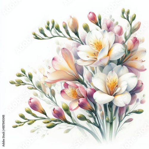 흰 배경, 프리지아, 수채화 (white background, freesia, water colour)