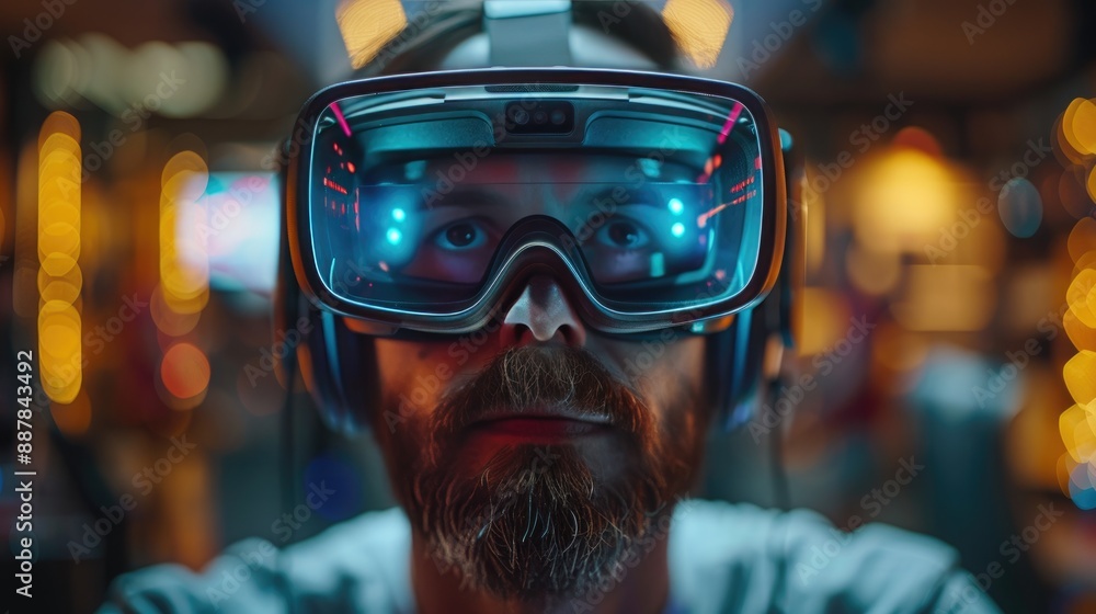 Man wearing a futuristic virtual reality headset in a neon-lit environment, immersed in a digital world, reflecting modern technology trends. Man wearing a futuristic virtual reality headset in a neon-lit environment, immersed in a digital world, reflecting modern technology trends.