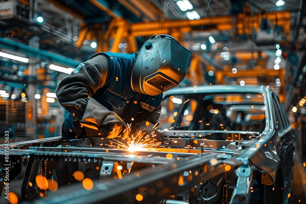 a man in a welding mask, mittens cooks a metal structure of a car at factory with a welding machine