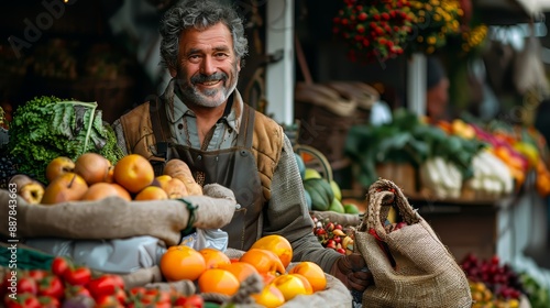 Fototapeta Naklejka Na Ścianę i Meble -  Cheerful Street Vendor Running a Small Farm Market Business