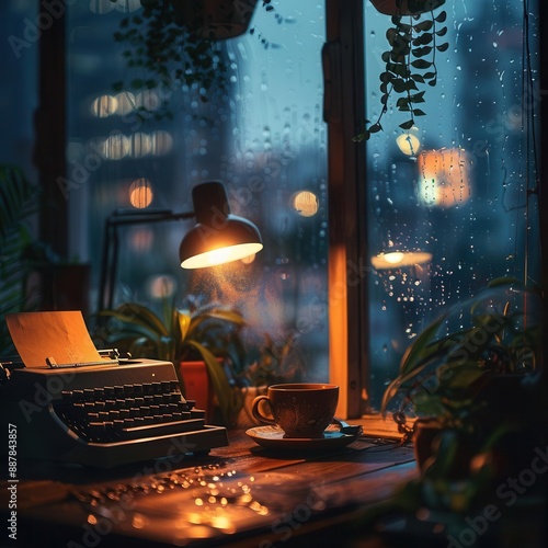 cozy plantfilled workspace vintage typewriter steaming coffee mug rainstreaked window blurred city skyline beyond warm lamp glow inspiring creative atmosphere photo