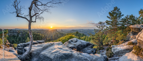 Carolafelsen (Carola rocks) at sunset, Saxon Switzerland, Saxony, Germany	