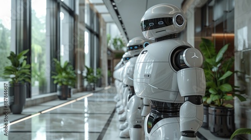 Row of advanced humanoid robots standing in modern building corridor, showcasing technology and innovation in robotics.