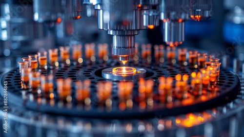 Close-up of an automated laboratory machine filling test tubes with liquid.