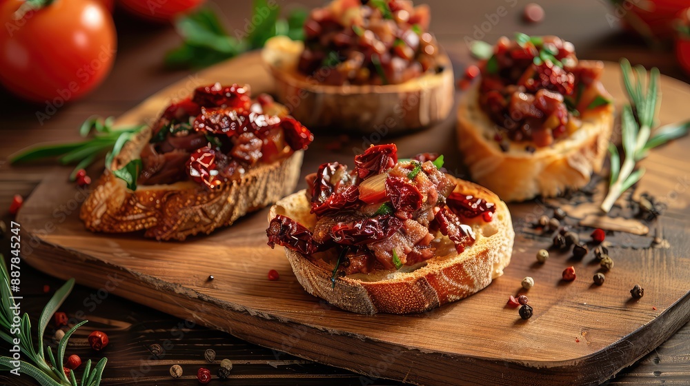 Bruschetta with sun-dried tomato salad. Selective focus. Bruschetta with sun-dried tomato salad. Selective focus.