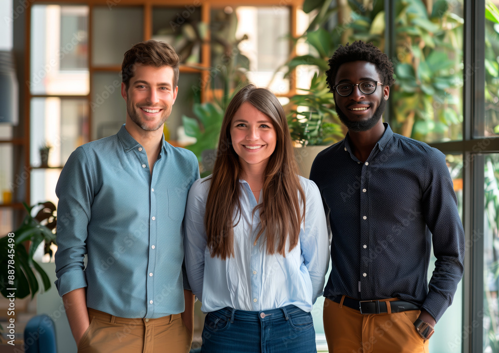 Three smiling young professionals standing together in a modern office with plants. Teamwork and diversity concept Three smiling young professionals standing together in a modern office with plants. Teamwork and diversity concept