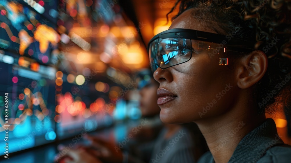 Young professional wearing AR glasses, analyzing data on futuristic digital screens, focused on technology and innovation. Young professional wearing AR glasses, analyzing data on futuristic digital screens, focused on technology and innovation.