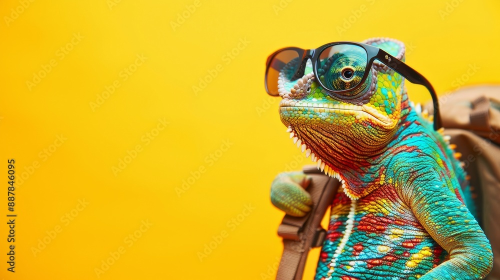 Obraz premium An Elegant Chameleon Posing with Sunglasses and Backpack for a Cool and Funny Look