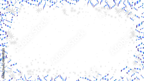 Banner with streamers and snowflakes.Festive with silver sequins and confetti for celebration. Background with glowing silver particles.