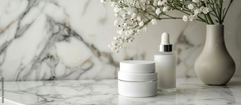 Product displayed on a white marble table with copy space image Product displayed on a white marble table with copy space image