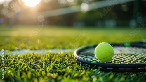 A tennis racquet and ball on a grass court, a soft diffused light in the early morning, dew on the grass. Concepts of sport, healthy living, and physical activity.