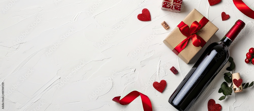 Valentine s Day table with a wine bottle and gift box arranged on a white background for a top down copy space image Valentine s Day table with a wine bottle and gift box arranged on a white background for a top down copy space image