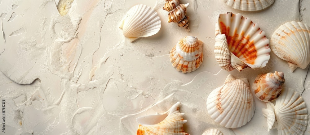 White textured paper featuring light gray and orange seashells creates a natural background with ample copy space image White textured paper featuring light gray and orange seashells creates a natural background with ample copy space image