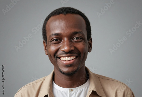 Portrait view of a regular happy smiling Sudan man, ultra realistic, candid, social media, avatar image, plain solid background