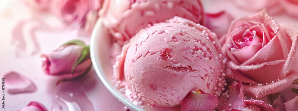 Ice cream closeup with rose flavor. Selective focus. Ice cream closeup with rose flavor. Selective focus.
