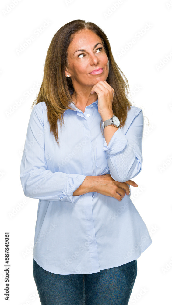 Beautiful middle age business adult woman over isolated background with hand on chin thinking about question, pensive expression. Smiling with thoughtful face. Doubt concept. Beautiful middle age business adult woman over isolated background with hand on chin thinking about question, pensive expression. Smiling with thoughtful face. Doubt concept.
