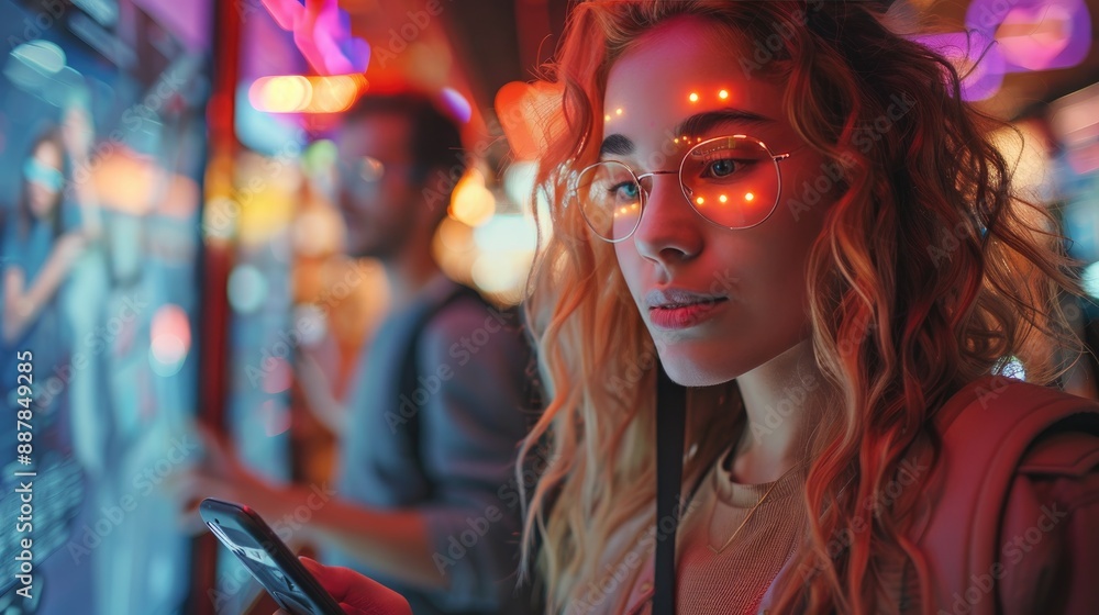 Young woman with LED face lights using smartphone in neon-lit urban environment at night, creating a futuristic and vibrant atmosphere. Young woman with LED face lights using smartphone in neon-lit urban environment at night, creating a futuristic and vibrant atmosphere.
