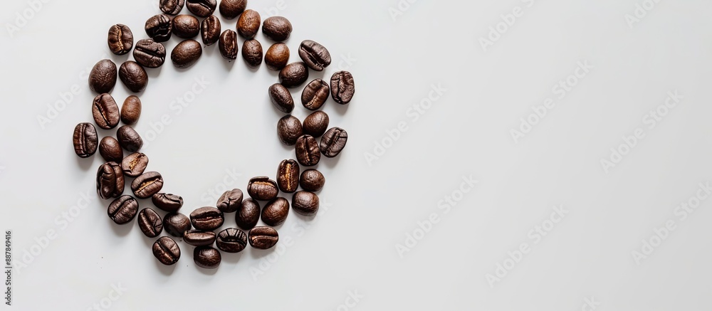 Circular arrangement of coffee beans on a white background with copy space image Circular arrangement of coffee beans on a white background with copy space image