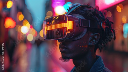 A person wearing futuristic virtual reality goggles stands on a colorful street at night with neon lights and blurred background.